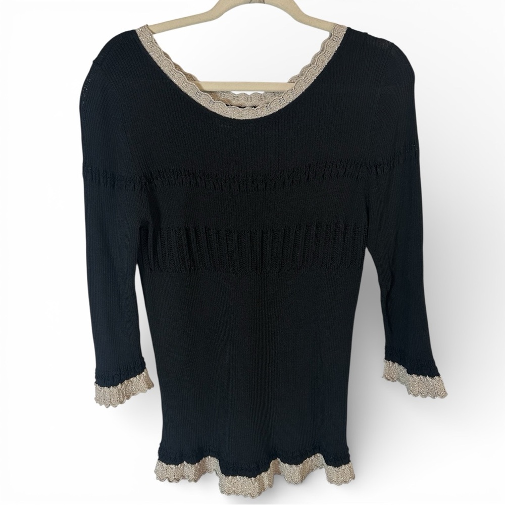 Joseph A Black Scoop Neck Gold Ruffle Trim Sweater XL
